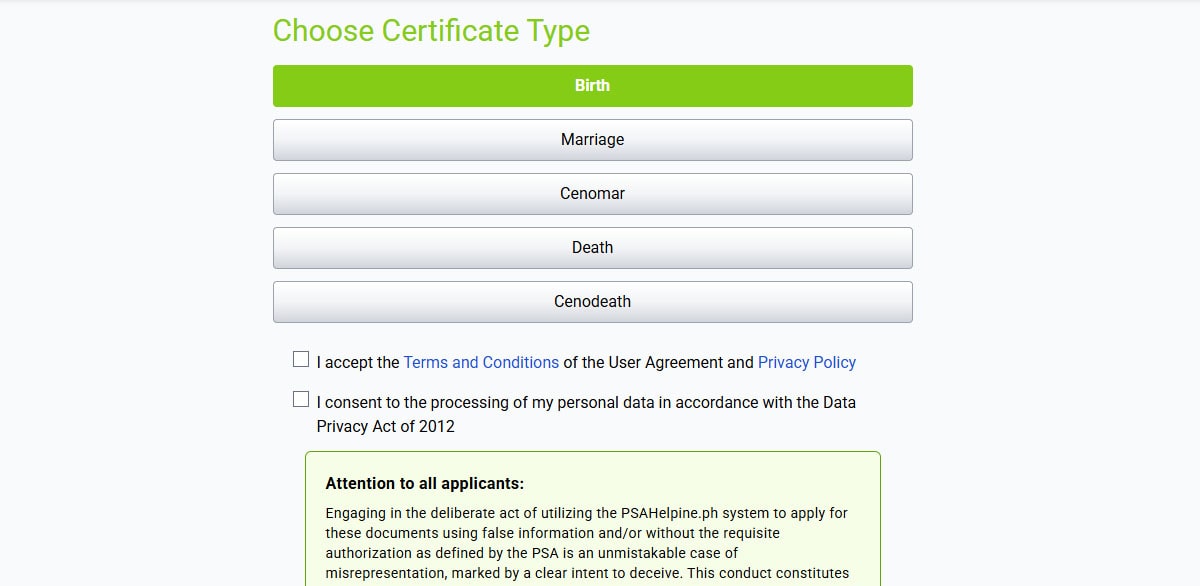 The PSAHelpline.ph online form for choosing a certificate type, with options for Birth, Marriage, CENOMAR, Death, and CENODEATH.